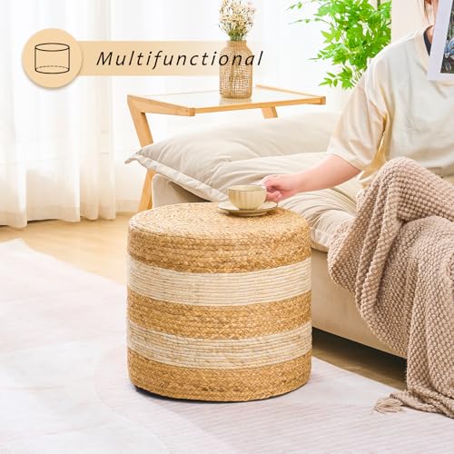 Handwoven Ottoman Pouf, Natural Water Hyacinth Footstool, Round Braided Outdoor Seat with Sturdy Frame, Boho Accent Stool for Patio, Balcony, or Garden (White) - color: White, size: 17.7"D x 17.7"W x 15.7"H