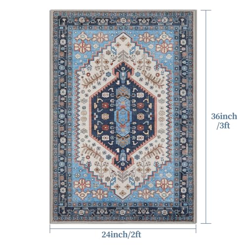 Ciicool Small Area Rug, 2x3ft Boho Rug, Ultra Soft Entry Rugs for Entryway, Non-Slip Washable Oriental Low-Pile Indoor Mat Floor Carpet for Entrance Bedroom Kitchen Bathroom Foyer Decor - color: Blue/Beige, size: 2' X 3' (Rectangular)