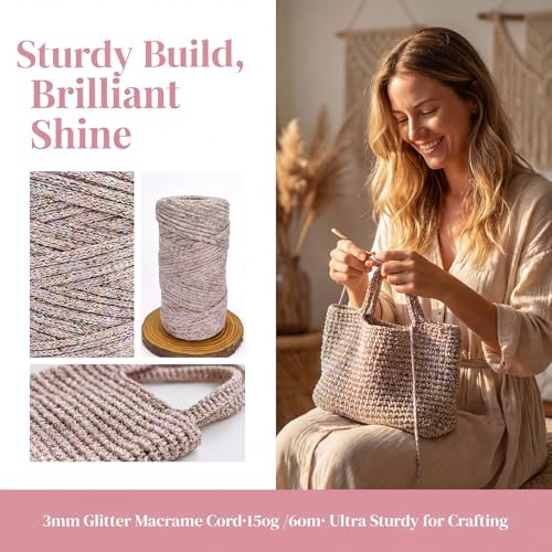 3mm Sparkle Polyester Macramé Cord - 150g/66yds Metallic Glitter Braided Cord for Crocheting Bags, Baskets, Macramé Plant Hangers & DIY Crafts, Machine Washable (4#Beige Rainbow) - color: 4#beige Rainbow