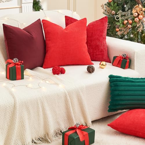 Pack of 4 Christmas Red Pillow Covers 18x18 Inch Chenille Throw Pillow Covers Solid Decorative Soft Xmas Cushion Covers Home Boho Textured Decor for Couch Sofa Bed Living Room - color: Red, size: 18" x 18" (Pack of 4)