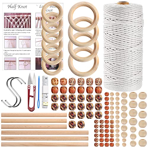 Hdviai 121Pcs Macrame Kit, Macrame Supplies 3mm x 109Yards Macrame Cord for Macrame Kits for Adults Beginners, with Accessories Like 100Pcs Beads and 10Pcs Wooden Rings for Macrame Plant Hanger Kit - size: 3MM x 109Yards Kit