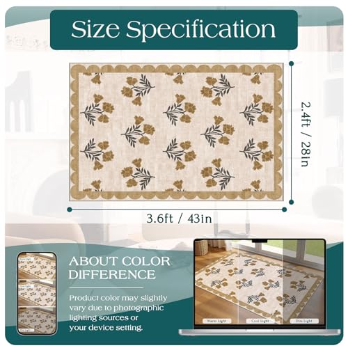 Floral Outdoor Rug - 28" x 43" Front Door Mat Indoor Outside Entrance Non-Slip Washable Outdoor Mat Beige Vintage Farmhouse Rug for Entryway Kitchen Bedroom Layered Doormat for Front Porch - color: Flower - Beige, size: 2'4" x 3'7" (Rectangular)