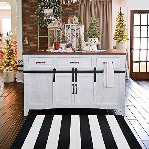CAINANEL Black and White Striped Outdoor Rug 27.5X 43 inches Front Door Mat Hand-Woven Cotton Indoor/Outdoor for Layered Mats,Welcome Mat, Porch,Farmhouse,Kitchen,Entry Way - color: Black&white Stripe D, size: 2'4" x 3'7" (Rectangular)