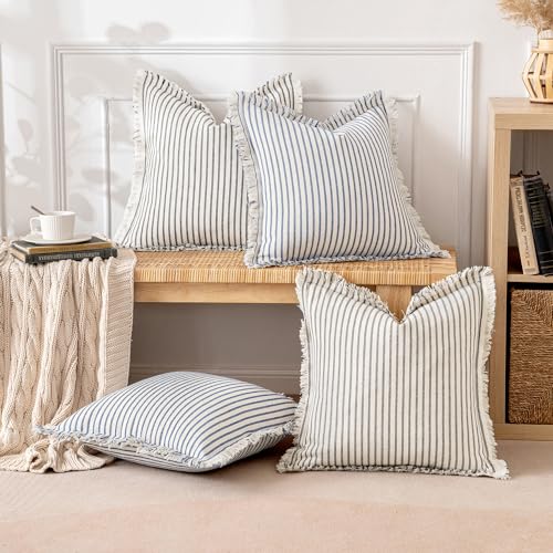 MIULEE Gray Pack of 2 Pillow Covers 18x18 Inch Striped Farmhouse Couch Throw Pillow Covers with Fringe Chic Linen Decorative Cushion Covers for Sofa Living Room Bed Outdoor Home Decor - color: Gray, size: 18" x 18" (Pack of 2)