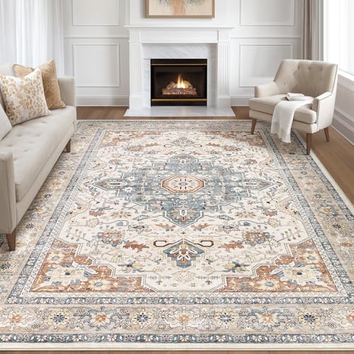 7x9 Area Rug Living Room: Washable Boho Large Neutral Vintage Soft Rug Stain Resistant Distressed Farmhouse Non-Slip Indoor Floor Carpet for Bedroom Nursery Kids Office Dining Room- Beige Blue - color: Beige Blue, size: 7' x 9' (Rectangular)