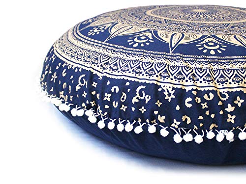 CRAFT KALA 32 Inch Meditation Floor Pillow Cover Round Pillow Seating Hippie Decorative Adults Bohemian Mandala Cushion Cover Outdoor Living Room Throw Ottoman Poufs Cover (Blue Gold Trishul) - color: Blue Gold Trishul