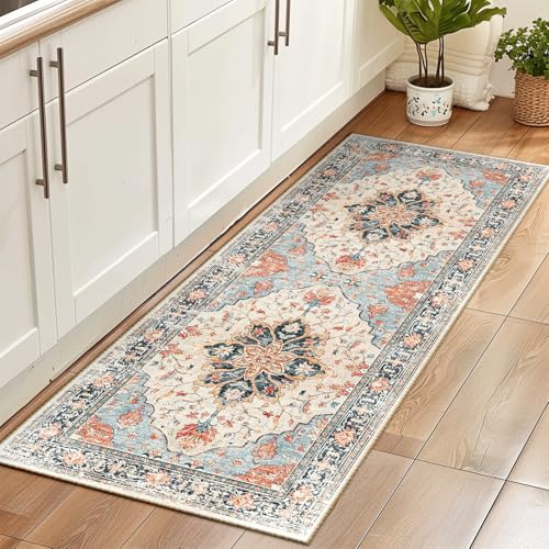 RELEANY Area Rugs Runner 2'x6' Washable Non-Slip, Floral Vintage Distress Medallion Carpet for Kitchen Hallway Bedroom Beside Laundry Room Bathroom, Beige Navy Blue Orange Colorful - color: Beige/Blue/Orange, size: 2' X 6' (Runner)