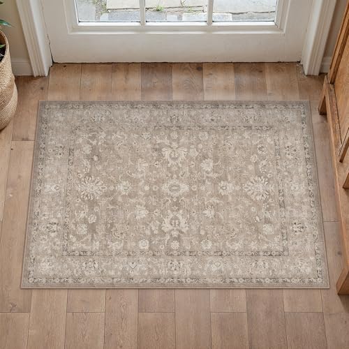 HUGEAR 2x3 Washable Vintage Entryway Area Rug Light Brown Neutral Distressed Low Pile Non Slip Soft Small Carpet Indoor Door Mat Throw Rug for Entrance Kitchen Bathroom Laundry Room - color: Light Brown, size: 2' x 3' (Rectangular)