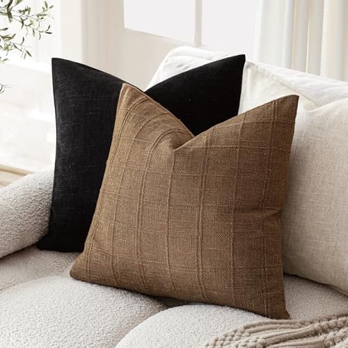 Foindtower Set of 1 Decorative Linen Check Throw Pillow Cover Neutral Farmhouse Vintage Cushion Cover Modern Boho Home Decor for Sofa Chair Couch Bedroom Living Room Outdoor,16×16 Inch,Brown Hazel - color: Brown Sugar, size: 16" x 16" (Pack of 1)