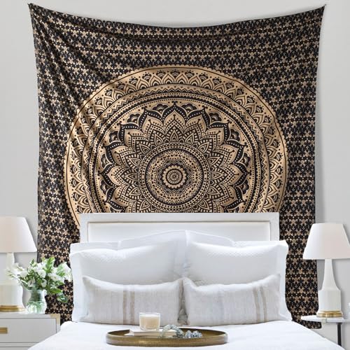 THE ART BOX Black Gold Ombre Tapestry Wall Hanging Mandala – Bohemian Room Decor – Cotton Throw Tapestry – Boho Bedding Twin Bedspread 55x82 Inches - color: Gold and Black, size: 55"L x 82"W