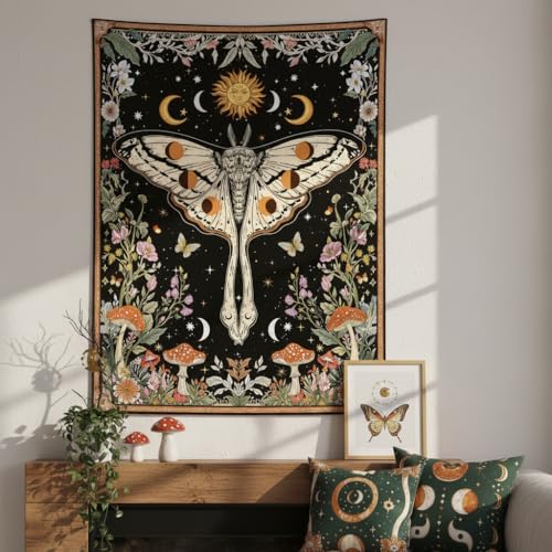 Aipon Boho Moth Tapestry Vintage Floral Flowers Tapestries Aesthetic Retro Mushroom Tapestries for Bedroom Sun and Moon Indie Large Tapestry Wall Hanging for Living Room Dorm 80 x 60 Inch - color: Black Mushroom Moth, size: 80"L x 60"W