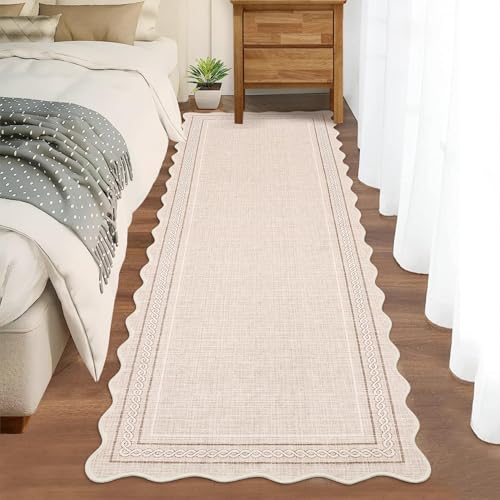 GarveeHome Scalloped Washable Runner Rug 2x10 Non Slip Kitchen Rugs Modern Beige Indoor Entryway Rug Farmhouse Soft Bath Mat Stain Resistant Carpet for Bedroom Hallway Laundry 2'x10' Beige - color: Beige, size: 2' x 10' (Runner)