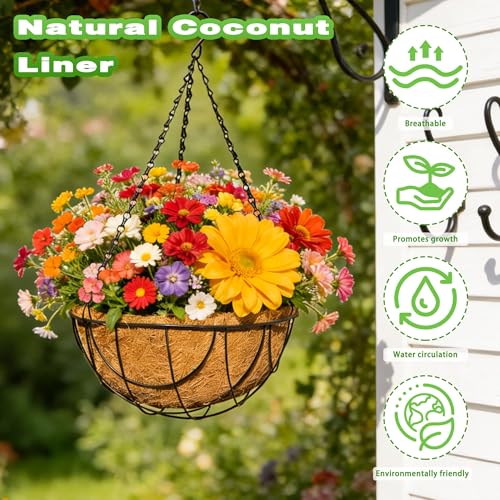 2 Pack 12 Inch Metal Outdoor Hanging Baskets Black Heavy Duty Hanging Planters with Coco Liners for Indoor Outdoor Plants Gardens Patios Terraces（Earth） - color: Earth