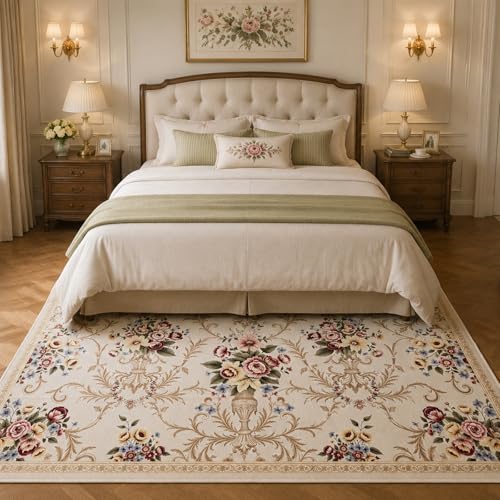 Helthep 5x7 Vintage Floral Area Rug, Washable Low Pile Rug for Living Room, Pet Friendly Easy Clean Non Slip Rug, Soft Farmhouse Boho Rug for Bedroom Dining Room Home Office - color: White, size: 5' x 7' (Rectangular)