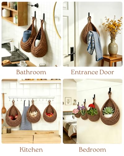 6 Pack Boho Wall Hanging Fruit Baskets, Kitchen Hanging Fruit Basket with 6 Pcs Hooks, Handwoven Teardrop Home Storage for Fruits, Vegetable, Potato