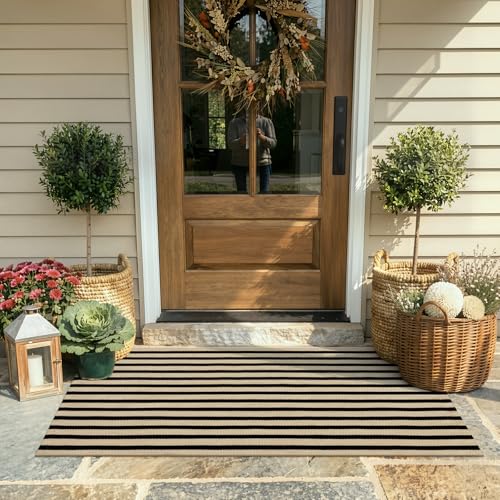 KIMODE Front Door Mats 24"x51", Machine Washable Farmhouse Front Porch Rug Decor, Striped Layered Door Mats Outdoor, Cotton Hand Woven Entryway Rug for Entry, Doorway, Kitchen Black and Khaki - color: Black/Khaki Stripes, size: 2' x 4'3" (Rectangular)
