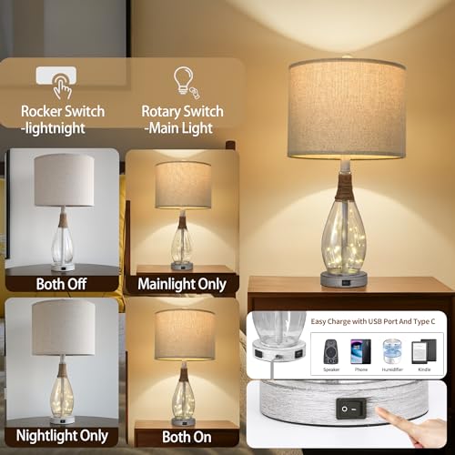OYEARS 23" Table Lamps for Living Room Set of 2 Bedside Lamps for Night Stands Bedroom Lamps Farmhouse Rattan Boho Lamp Glass Nightlight End Table Lamp with USB C+A (White),Two Light Points - color: Washed White
