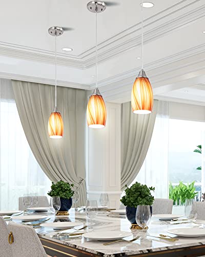 karyfine Art Glass Mini Pendant Lights for Kithen Island Blown Glass Pendant Lighting Shade with Brushed Nickel Finish 3Pack Hanging Pendant Light Kitchen Counter,Dining/Living Room Red Orange - color: Mixed Red Orange and Yellow -3Packs