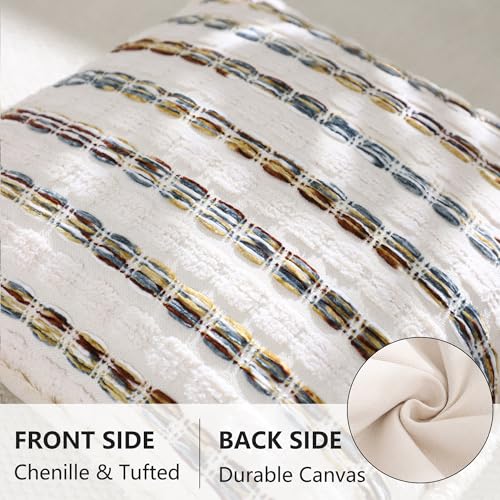 LUOYEHK Chenille Striped Throw Pillow Covers 18x18 Inch Set of 2 Boho Decorative Pillowcases with Fringe Farmhouse Neutral Cushion Covers for Couch Sofa Bed Living Room, Blue Brown - color: Blue Brown, size: 18" x 18" (Pack of 2)