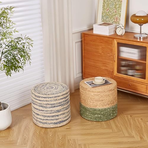 Wimarsbon 18'' Ottoman Pouf, Natural Braided Poof, Rustic Handweave Lounge Pouffe, Boho Footrest Stool for Bedroom, Accent Table for Living Room (Natural Water Hyacinth + Green Corn Husk) - color: 18inch Natural Water Hyacinth + Green Corn Husk