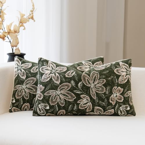 FIOUOVO Floral Throw Pillow Covers 12x20 Set of 2 Farmhouse Pillow Covers Vintage Neutral Accent Pillowcases Decorative Cushion Covers for Sofa Couch Living Room Bedroom Home Decor, Olive Green - color: Olive Green, size: 20" x 12" (Pack of 2)