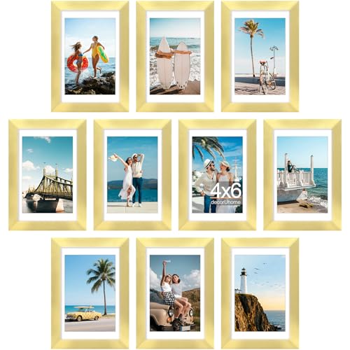 decorUhome 4x6 Picture Frame Set of 10, Display Photos 3.5x5 with Mat or 4x6 Unmatted for Picture Frames Collage Wall Decor, Gold - color: Gold, size: 4x6