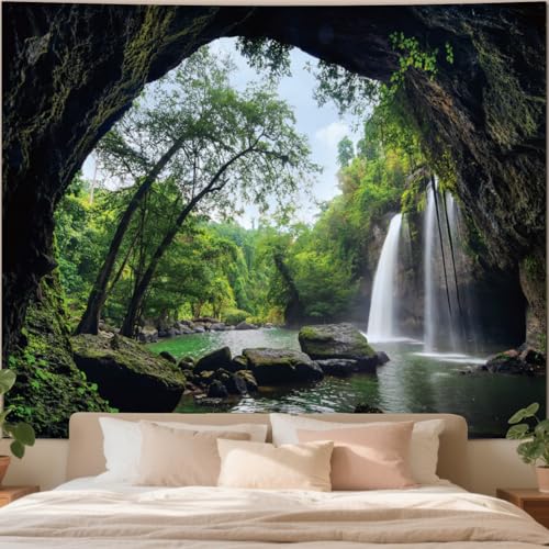 Apdidl Forest Nature Cave Tapestry Wall Hanging for Bedroom, Mountain Waterfall Landscape Covering Ceiling Tapestries Aesthetic, Plant Scenic Wall Mural for Living Room College Home Mens Decorations 51" X 60" - color: Nature Forest Tapestry, size: 60"L x
