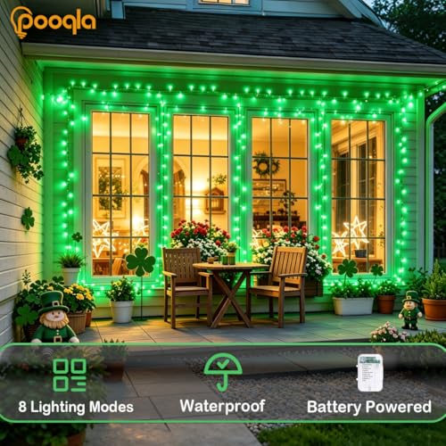 Pooqla 2 Pack String Lights Battery Operated, Total 66.6ft 200 LED Fairy Lights Indoor Outdoor Decorations, 8 Modes Green Battery Lights for Halloween Christmas Bedroom Porch Party Yard Decor - color: Green, size: 100 LED x2