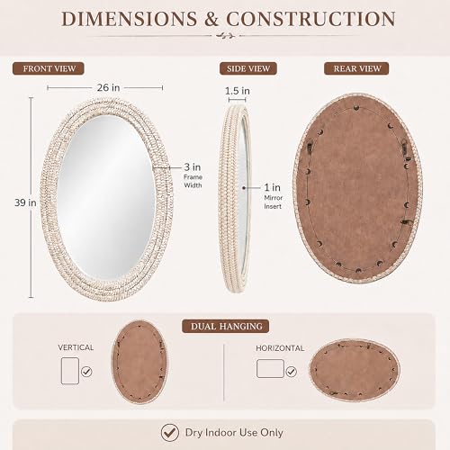 26" x 39" Oval Wall Mirror, Handwoven Natural Corn Husk Fiber with Light Whitewashed Finish, Boho Coastal Style for Entryway, Bedroom, Living Room, Vertical & Horizontal Hanging - size: 39"L x 26"W