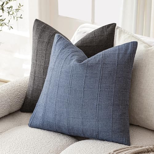 Foindtower Set of 1 Decorative Linen Check Throw Pillow Cover Neutral Farmhouse Vintage Cushion Cover Modern Coastal Boho Home Decor for Sofa Chair Couch Bedroom Living Room Outdoor,16×16 Inch,Blue - color: Blue, size: 16" x 16" (Pack of 1)