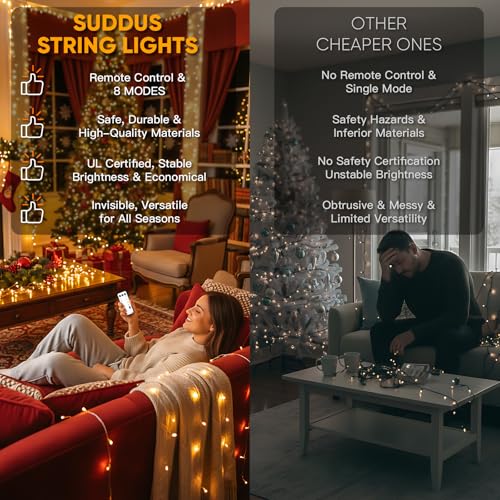 suddus Indoor String Lights with Remote, Warm White Christmas Lights Plug in with Timer, 33ft 100 LED Twinkle Fairy Lights for Bedroom Dorm Xmas Tree Wreath Wedding Garden Party Outdoor Decorations - color: Warm White, size: 100LED