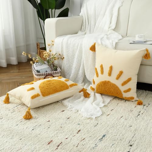 Boho Throw Pillow Covers 18x18, Woven Tufted Sun Decorative Pillow Covers with Tassels Moroccan Modern Pillowcase for Sofa Bedroom Living Room Home Decor, Yellow