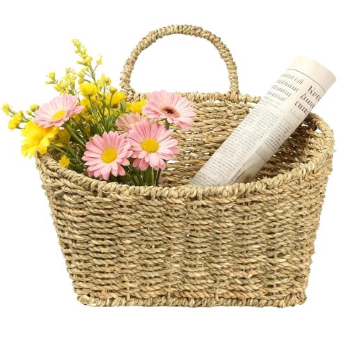 Hanging Wall Basket Handwoven Wicker Basket for Plants, Flowers & Storage, Rustic Farmhouse Wall Decor Organizer, Natural Seagrass - color: Natural-sea Grass