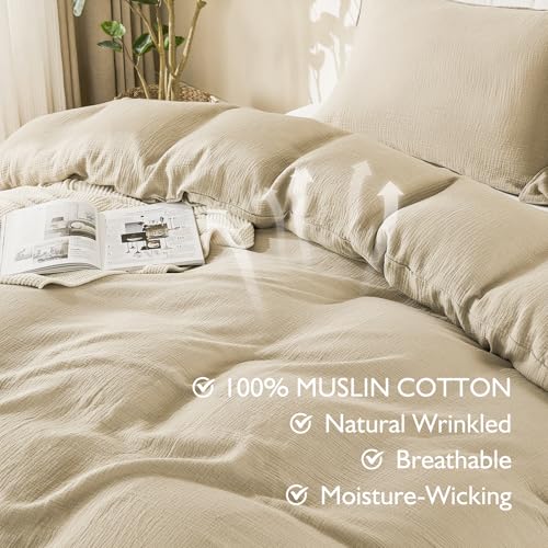 EMME Muslin Cotton Duvet Cover Set Queen Size Linen Like Soft Breathable Lightweight Summer Comforter Cover Set with Zipper Closure (Queen, 90"x90") - color: 02 - Beige, size: Queen(90"×90")