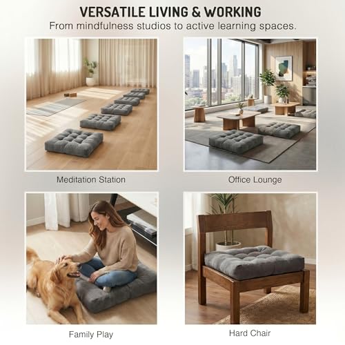 Meditation Floor Pillow Set of 2, Square Large Pillows Seating for Adults, Tufted Corduroy Cushion for Reading Corner, Dorm Room and Living Room, Grey, 22x22 Inch - color: Square | Grey | 2 Pack, size: 2 Pack