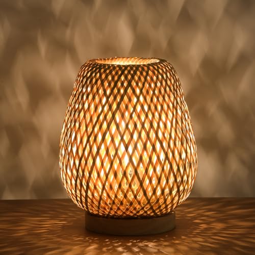 ARTZONE Rattan Lamp, Vintage Boho Lamp for Bedside, Handmade Mini Bamboo Table Lamp for Entrance Bedroom Living Room Office and Home Decor
