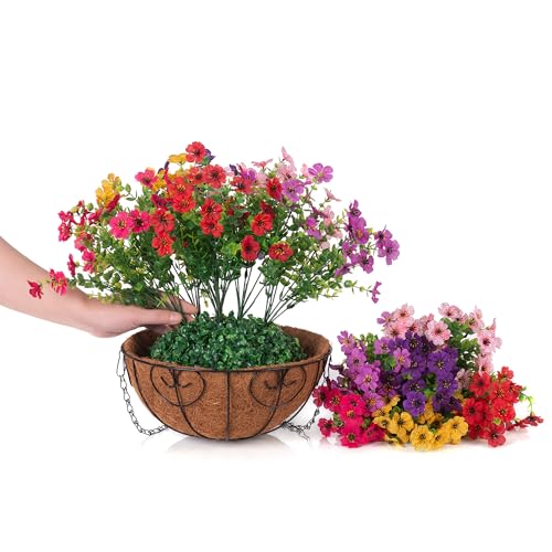HyeFlora Artificial Fake Hanging Plants Flowers with Basket Outdoor Decor Faux Silk Dasiy Flower Arrangements in Pot Planter for Porch Home Indoor Patio Garden Yard Decoration - color: 6 Multicolor