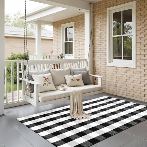 joybest Buffalo Plaid Rug 4 x 6 ft Black and White Checkered Area Rug Cotton Hand-Woven Indoor Outdoor Rugs Carpet for Patio, Living Room, Dining Room, Bedroom - size: 4' x 6' (Rectangular)
