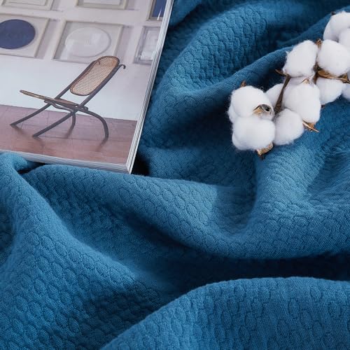 Premium 100% Cotton Blanket – All-Season Soft Breathable Bed Blanket for Queen Size – Lightweight Stylish Textured Throw for Bed– Giftable Cozy Bedding - color: Blue, size: Queen(80" x 90")
