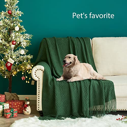 MIULEE Dark Green Knitted Throw Blanket for Couch Boho Textured Cozy Woven Blanket with Tassels for Sofa Chair Bed Living Room Acrylic Wave Pattern 50"x60" - color: Dark Green, size: 50" x 60"
