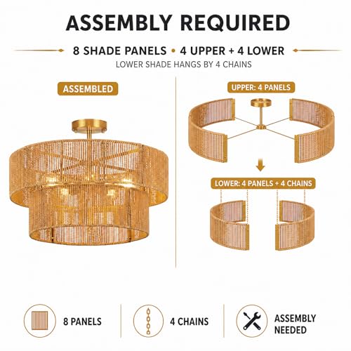 22” Boho 2-Tier Rattan Ceiling Light Fixture, 5-Light Flush Mount Woven Chandelier for Bedroom, Dining Room, Kitchen, Entryway, Living Room, Rustic Gold Lighting - color: Pattern C