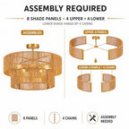 22” Boho 2-Tier Rattan Ceiling Light Fixture, 5-Light Flush Mount Woven Chandelier for Bedroom, Dining Room, Kitchen, Entryway, Living Room, Rustic Gold Lighting - color: Pattern C