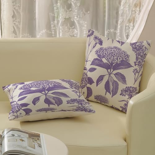 Purple Pillow Covers 16x16 Inch 2 Pcs Boho Vintage Floral Decor Throw Pillows Hydrangea Flower Seasonal Outdoor Farmhouse Neutral Accent Decoration Pillowcase Linen Cushion Cover for Sofa - color: Boho Purple Hydrangea, size: 16" x 16" (Pack of 2)