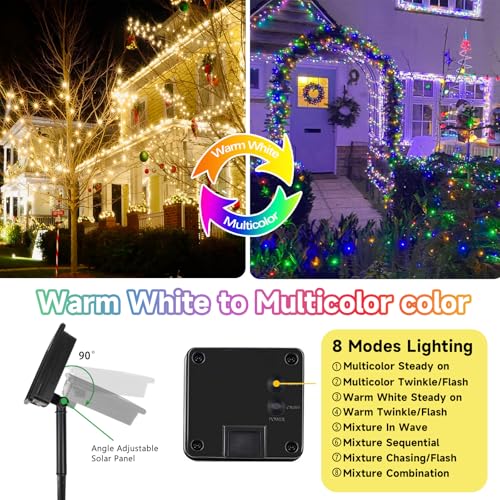 Warm White and Multicolor Color Changing Solar String Lights for Outside, 2 Pack 400LED Solar Fairy Lights Outdoor Waterproof, Copper Wire with 8 Modes Solar Twinkle Lights for Tree Garden Yard Party - color: Warm White to Multicolor, size: 2 Pack-400LED