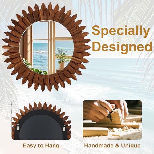 28 Inch Walnut Boho Wall Decor Sunburst Mirror - Round Wooden Wall Decor, Handmade Rustic Circular Mirror for Living Room, Bedroom, Entryway, Office - color: Walnut, size: 28"L x 28"W