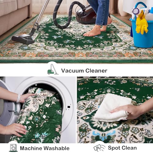 HOMORE 2x3 Area Rug Small Green Rugs for Bedroom, Washable Rug for Entryway, Faux Wool Non Slip Low Pile Indoor Door Mat for Entrance Small Kitchen Rugs Vintage Floral Rug for Living Room Dorm Decor - color: Deep Green, size: 2' x 3' (Rectangular)