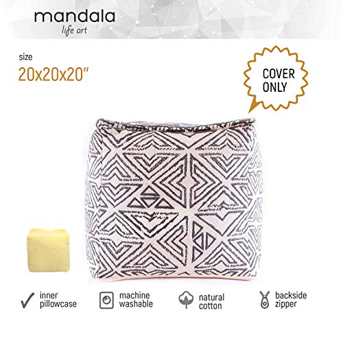 Mandala Life ART Pouf Ottoman - 20x20x20 - Foot Rest Stool White Cube - color: White Black, size: 20"D x 20"W x 20"H