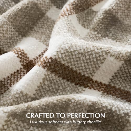 EverGrace Plaid Chenille Bed Blanket Queen Size for Bed, Super Soft Cozy Decorative Farmhouse Plaid Throw with Tassels, Lightweight Chenille Knit Throw for Couch Sofa Gift Home Decor, Beige 90"x90" - color: Plaid Beige & White, size: 90"x90"