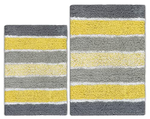 Chardin home Cordural Stripes Bath Mat, Set of 2 Bath Rugs (17 Inches x24 Inches & 21 Inches x34 Inches) | Non Slip Bathroom Rug, Machine Washable, Plush, Highly Absorbent | Yellow- Grey & White - color: Yellow-grey