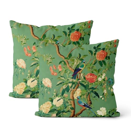 Green Chinoiserie Pillow Covers 16x16 Inch 2 Pcs Vintage Floral Birds Decor Throw Pillows Boho Flower Seasonal Spring Summer Outdoor Decoration Pillowcase Linen Cushion Cover for Couch - color: Green Boho Floral Birds, size: 16" x 16" (Pack of 2)